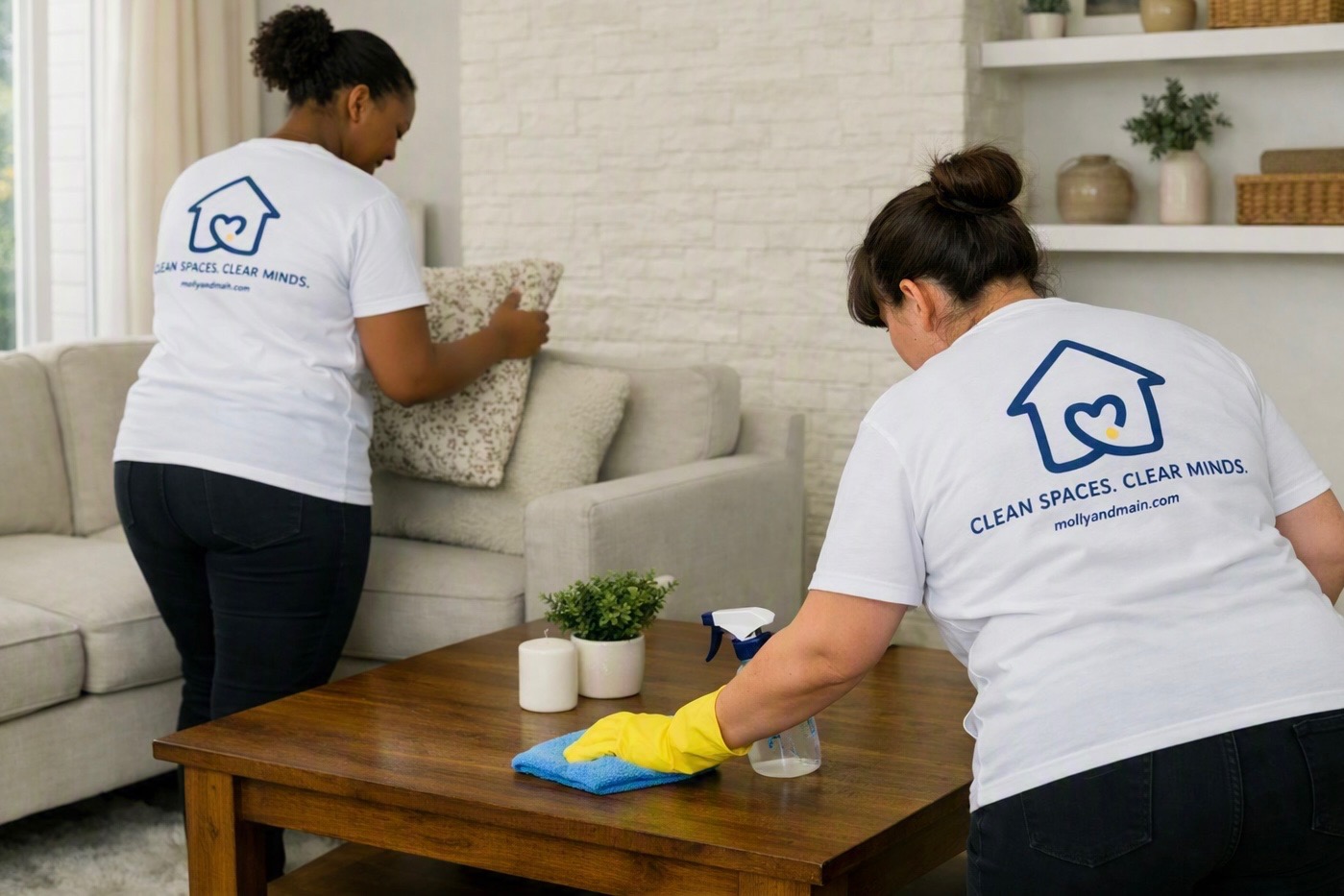Two Molly & Main team members cleaning a bright living room